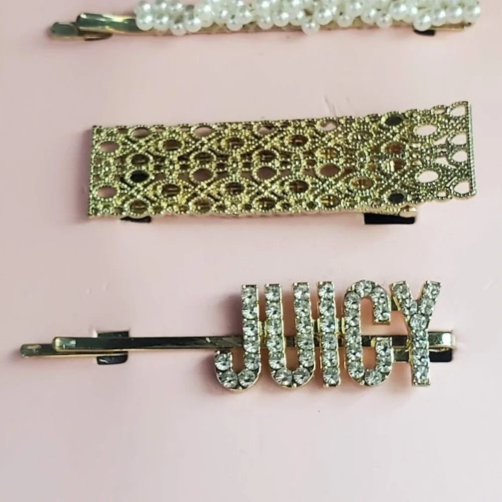 Juicy Couture 3pc Hair Clip Set Gold Tone Faux Pearl Rhinestone Logo New Bling